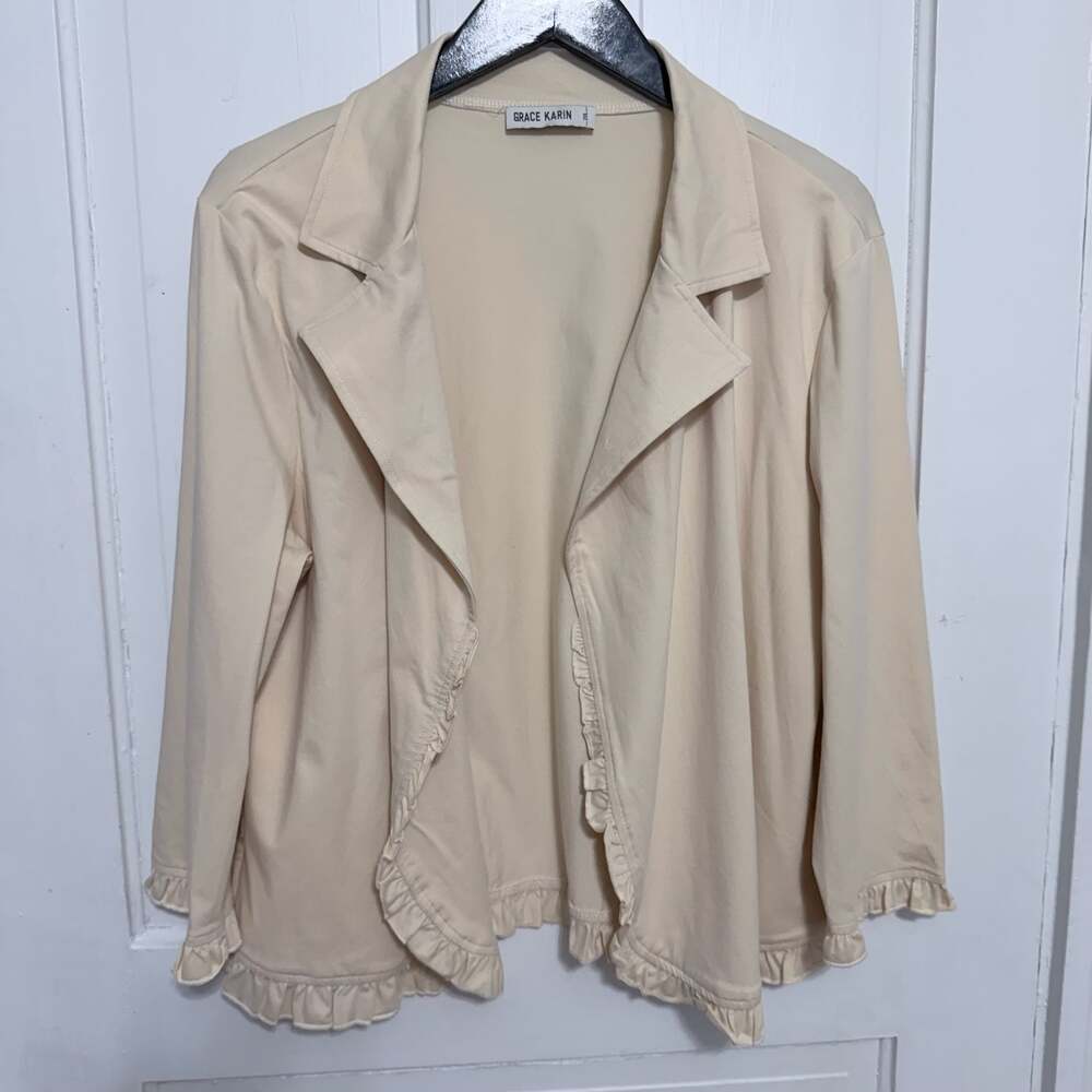 Grace Karin Women Beige Open Front Ruffle Trim Blazer Jacket 2XL